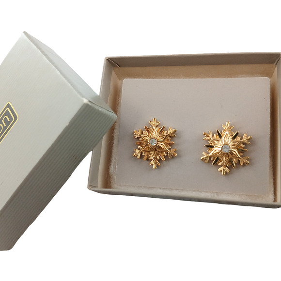 Avon Gold Tone Snowflake Necklace & Earrings Set with Clear Rhinestones Elegant - Picture 3 of 8